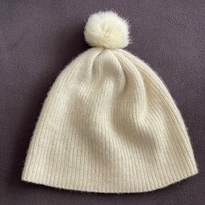 Tahari Women's 100% Cashmere Beanie Hat Winter Tuque with Fur Pom Pom - Genuine
